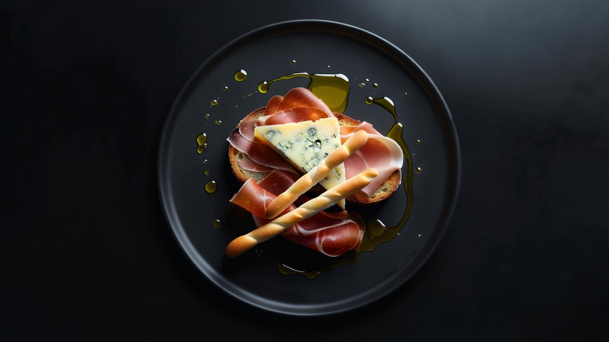 Gourmet appetizer with prosciutto, blue cheese and breadsticks on a black plate