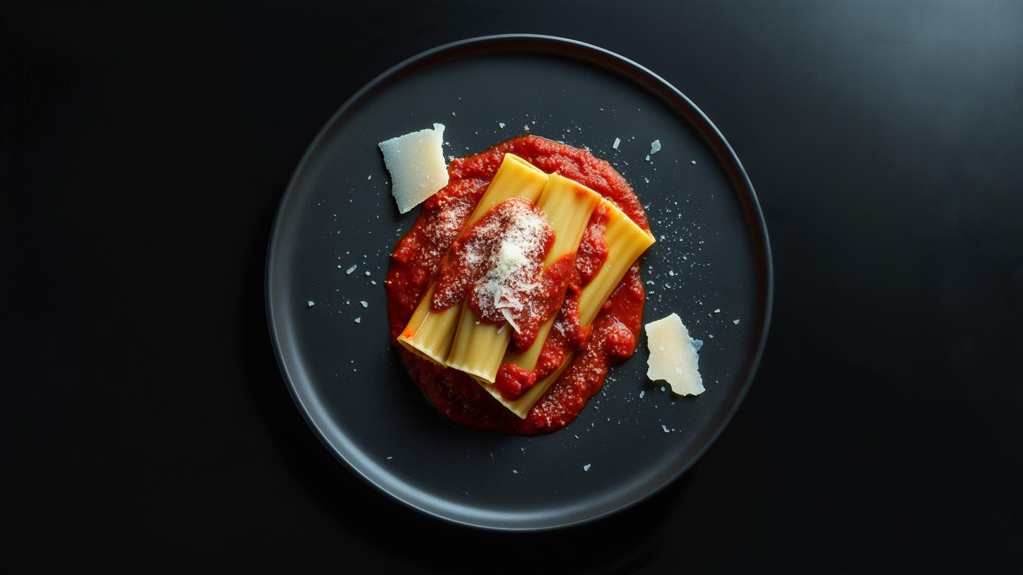 Cannelloni pasta with tomato sauce and parmesan cheese on a black plate