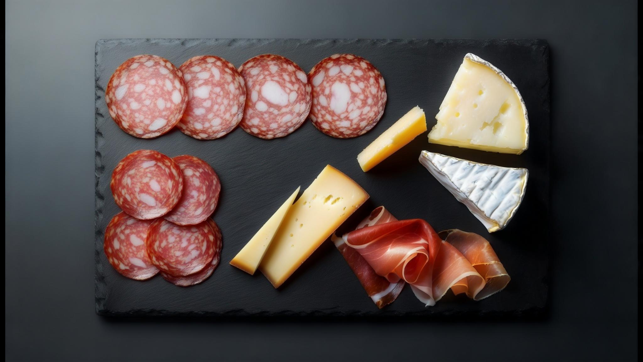 Charcuterie board with salami, cheese, and prosciutto