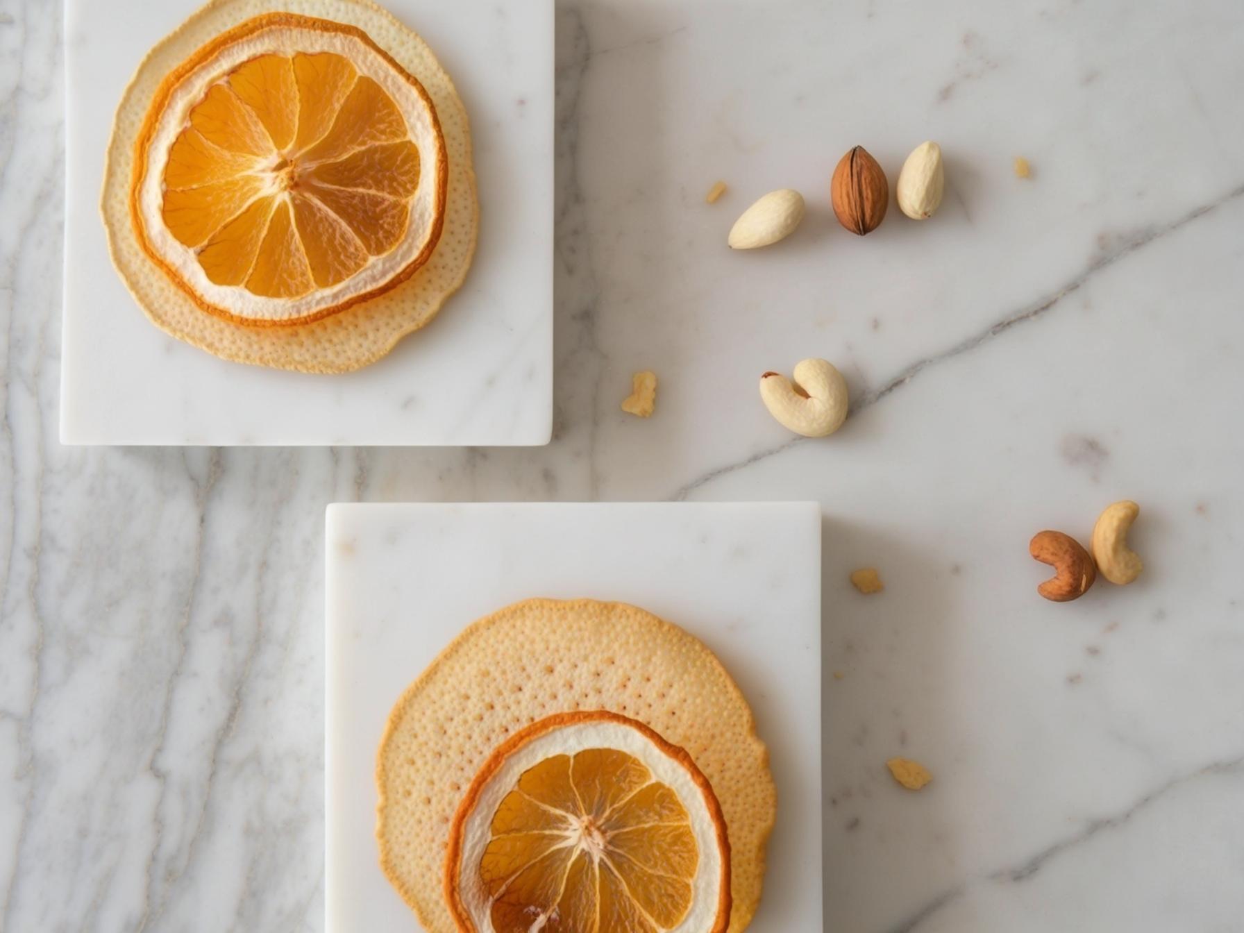 Dried orange slices on marble with Mediterranean nuts